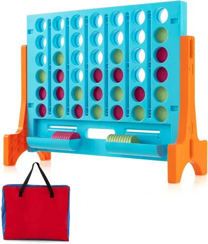 Vista 12 de COSTWAY - Juego gigante de 4 en línea con bolsa de transporte de almacenamiento, juego Jumbo de 4 en fila con ajedrez, deslizador de liberación