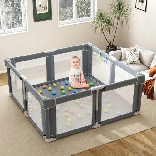 Vista 13 de Corralito plegable para bebés y niños pequeños, corralito portátil de 51 pulgadas con alfombrilla y pelotas oceánicas, patio de juegos con malla