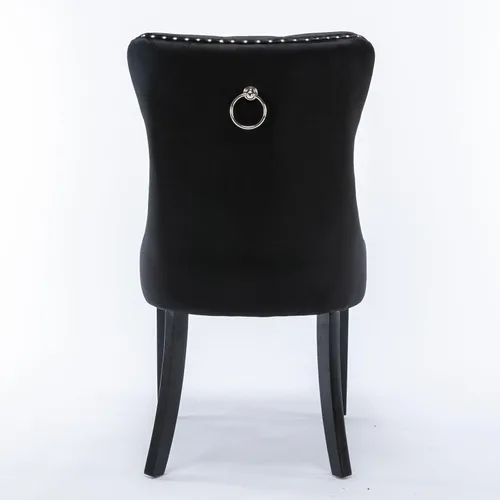 Vista 5 de Silla de comedor tapizada de terciopelo con respaldo copetudo y patas de madera, silla auxiliar moderna decoración de remaches, para comedor Negro