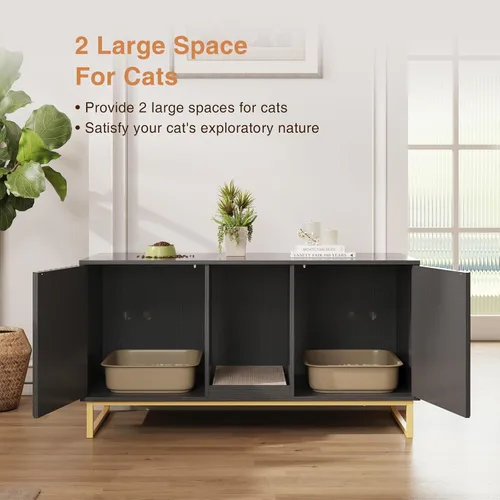 Vista 3 de Caja de arena para gatos para 2 gatos, caja de arena de 47.6 pulgadas, muebles ocultos con almohadilla para rascar, armario grande para habitación