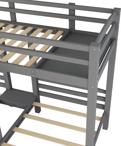 Vista 5 de DEINPPA Litera individual sobre individual e individual con escalera, litera triple de madera con escalera y espacio de almacenamiento integrado