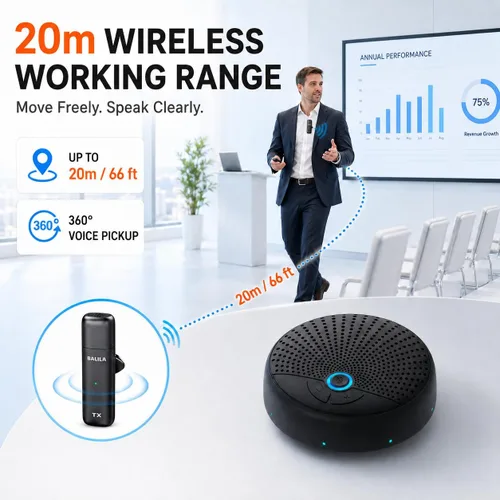Vista 3 de Altavoz de conferencia CM300 con 10 micrófonos inalámbricos AI, 360° Pickup, rango de 65 pies, reducción de ruido, cancelación de eco, altavoz USB