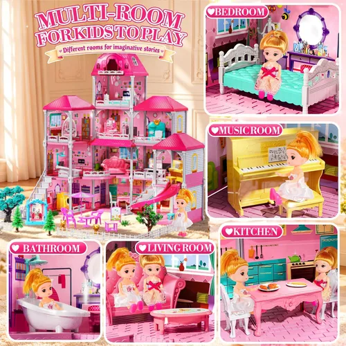 Vista 2 de Casa rosa de 4 pisos para niñas de 3 años en adelante, juego de villa de 12