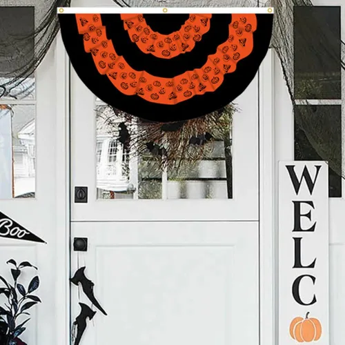 Vista 5 de JPORSHU Paquete de 5 banderas plisadas de Halloween para exteriores, fantasma, medio ventilador, ojales de banderines de otoño de 3 x 1.5 pies