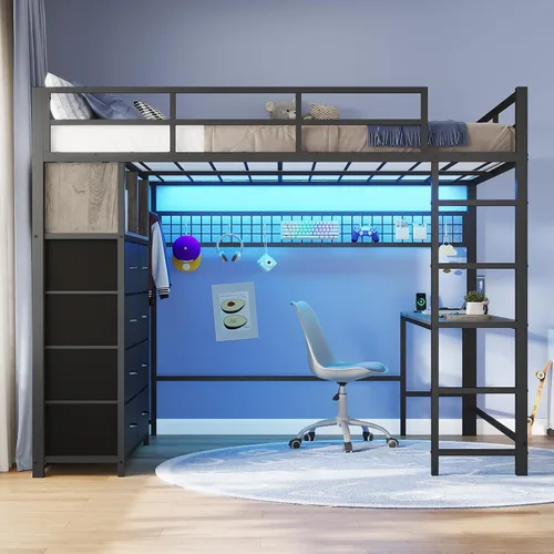 Vista 9 de ADORNEVE Cama tipo loft de tamaño matrimonial con escritorio y 8 cajones de Gris