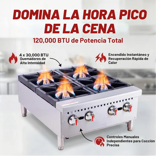 Vista 2 de Placa caliente de gas comercial de 24 pulgadas, rango de encimera de 4 quemadores 120,000 BTU, estufa de acero inoxidable resistente con rejillas