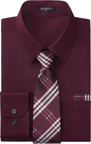 Vista 53 de HISDERN Mens Dress Shirt with Tie Pocket Square Set Classic Button Down Shirt Matching Tie Long Sleeve Shirts 08-verde