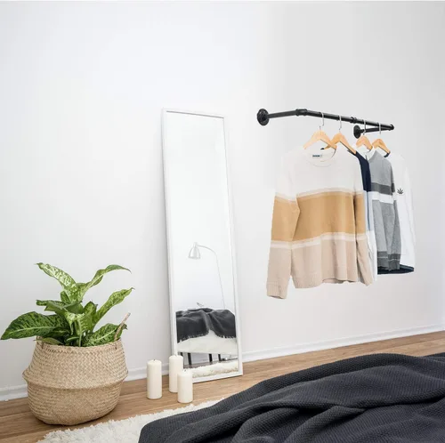 Vista 2 de Perchero industrial de tubería con 3 ganchos en forma de S, perchero de pared de 36 pulgadas de largo, barra de ropa de hierro resistente, barra