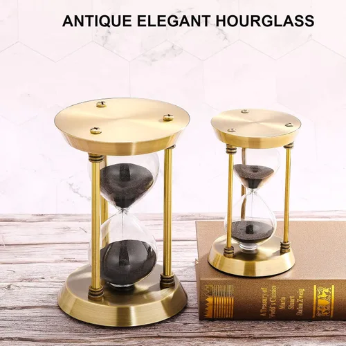 Vista 2 de SuLiao Reloj de arena con temporizador de arena de 1 minuto, reloj de arena de latón pequeño de 1 minuto, reloj retro de arena negra, reloj vintage