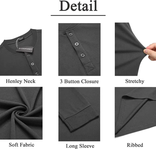 Vista 42 de COOFANDY Camisas Henley de manga larga para hombre, camisetas elásticas acanaladas, camisetas básicas casuales de moda