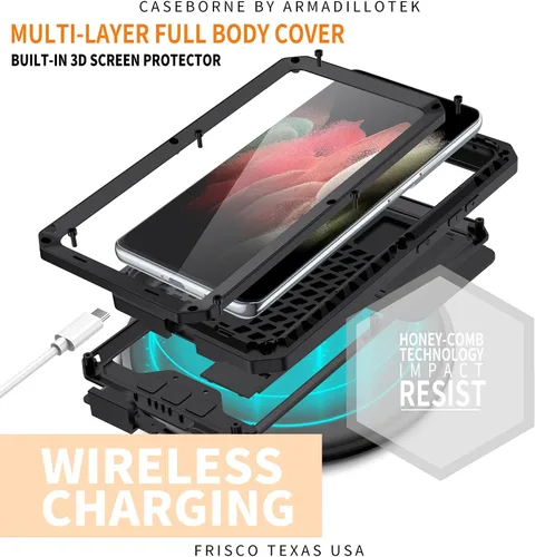 Vista 6 de Compatible con Samsung Galaxy S21 Ultra, funda protectora rígida de aluminio de metal a prueba de golpes, resistente y militar, funda protectora