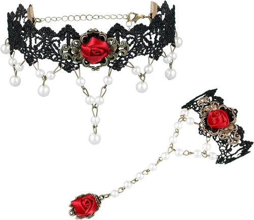 Vista 10 de Eigso Gargantilla de encaje retro estilo gótico vintage con colgante de cadena de cuentas, vampiro para mujer A2: negro