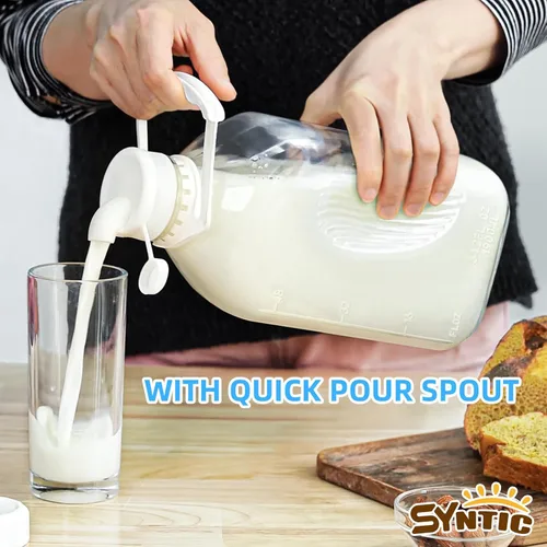 Vista 2 de Syntic Botella de leche de vidrio de 2 cuartos con tapa de rosca hermética reutilizable y resistente, botellas de vidrio de 64 oz para leche