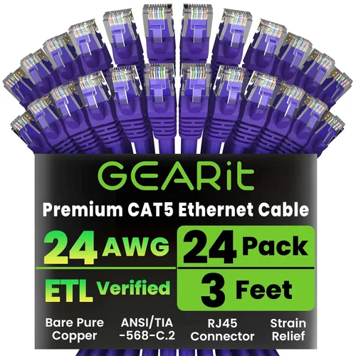 Vista 9 de GEARIT Paquete de 24 cables de conexión Ethernet Cat5e de 1 pie - Cable de red LAN RJ45 sin enganches, color negro