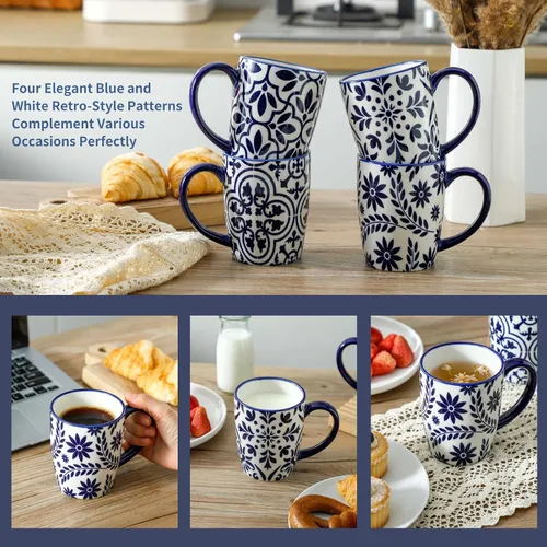 Vista 3 de HASENSE Tazas de café de 15 onzas, juego de 4 tazas de café de cerámica con patrones florales azules y blancos, juego de tazas de porcelana