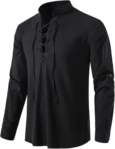 Vista 2 de Idopy Camiseta estilo Henley retro con cordones y estilo punk renacentista para hombre