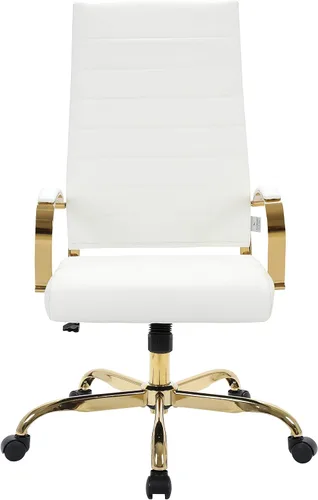 Vista 4 de LeisureMod Silla de oficina moderna de cuero con respaldo alto, silla de escritorio ejecutiva giratoria y ajustable con marco dorado, diseño Blanco