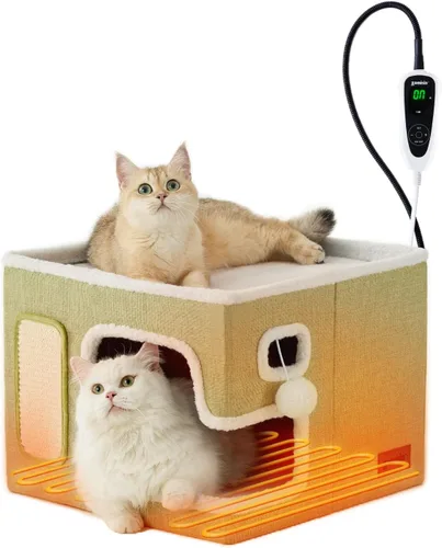 Vista 12 de ZOMISIA Casa térmica para gatos de interior – Cama grande de calentamiento para gatos para invierno con bola esponjosa colgante y almohadilla