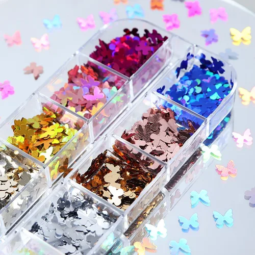 Vista 6 de 12 rejillas holográficas de mariposa para arte de uñas, lentejuelas con purpurina láser 3D brillantes para diseño de uñas acrílicas, paillettes