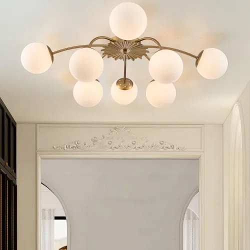 Vista 13 de Longree Sputnik - Lámpara de techo semiempotrada con forma de globo de vidrio de leche de 6 luces, color dorado, arte de mediados de siglo, moderna