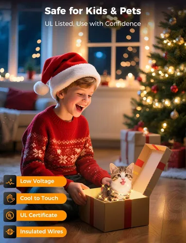 Vista 7 de Brightever Luces LED para árbol de Navidad, 900 bombillas de 295 pies, luz de Navidad exterior enchufable con control remoto, 8 modos