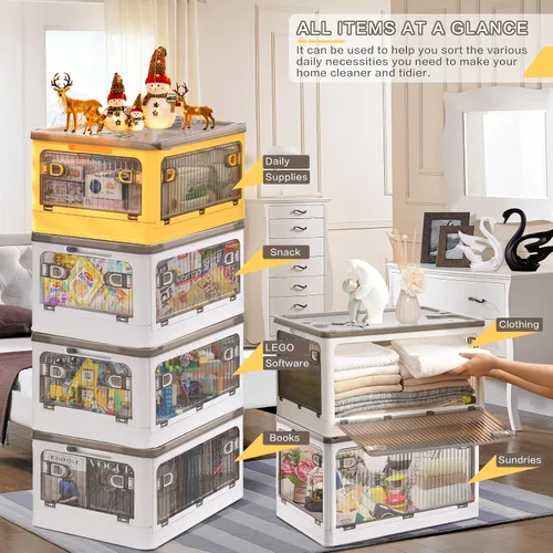 Vista 3 de DILIBRA Contenedores de almacenamiento de plástico de 28 litros con tapas, paquete de 2 contenedores apilables con ruedas y 4 puertas, cajas