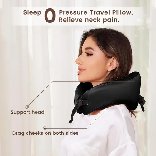 Vista 2 de THXSILK Almohada de cuello 100% seda de morera para viajes y avión, almohada de viaje de espuma viscoelástica para soporte de cuello en coche y Negro