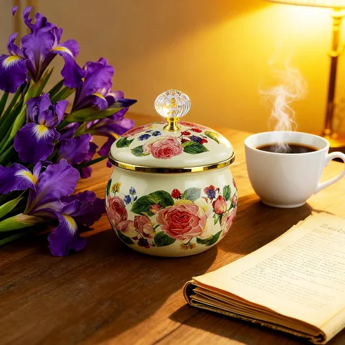 Vista 8 de Azucarero esmaltado floral dorado étnico tarro de condimento vintage para té, caja de especias, caja de almacenamiento retro para café, caramelo