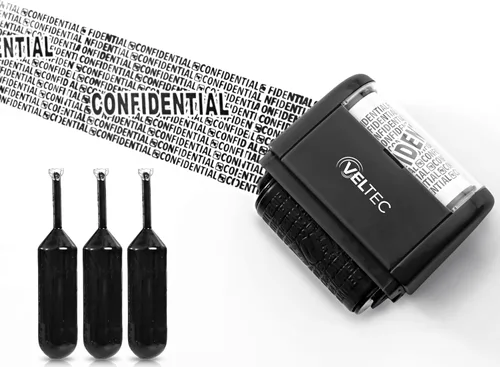 Vista 2 de Veltec Rodillo de tinta protector de identificación - Juego de sellos de rodillo de protección contra robo de identidad (negro, sello + 3 recambios)