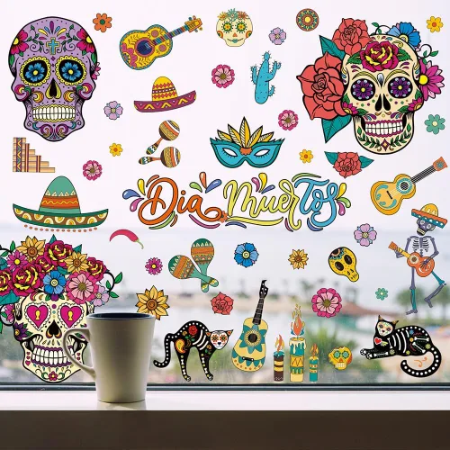 Vista 2 de Calcomanías para ventana del Día de los Muertos, Calaveras de Azúcar para ventana, calcomanías de Halloween para ventana, calcomanías de vidrio