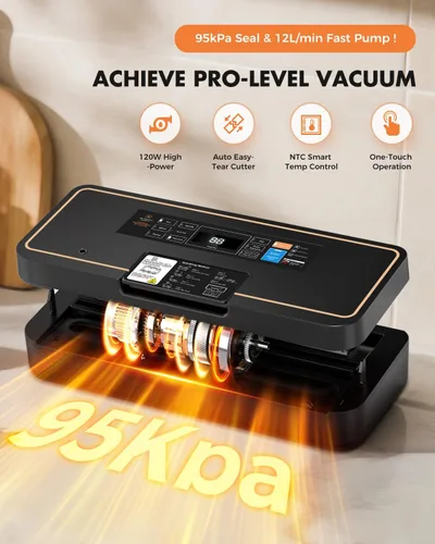 Vista 3 de Sellador al vacío para alimentos, máquina selladora al vacío de ahorro de alimentos de 95 kPa, sellado rápido de 135 W con cortador de desgarro