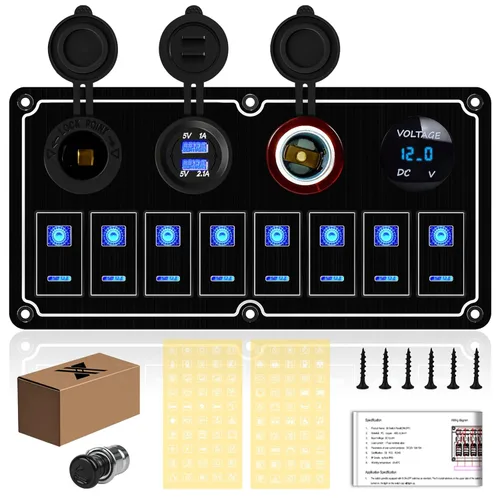 Vista 9 de Panel de interruptores de barco marino de 5 posiciones con cargador USB dual y voltímetro, panel de interruptores basculantes de aluminio