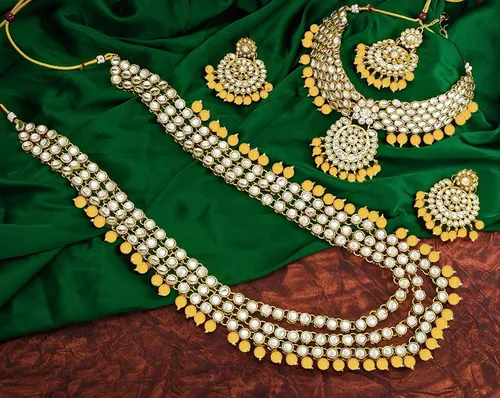 Vista 6 de Aheli Indian Wedding Kundan Beaded Bridal Long Choker Necklace Earrings with Maang Tikka Traditional Jewellery Set for Women