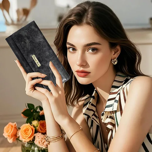 Vista 2 de Billetera para mujer, con bloqueo RFID, triple pliegue, tarjetero, delgada, con bolsillo para monedas con cremallera, Negro -, Negro