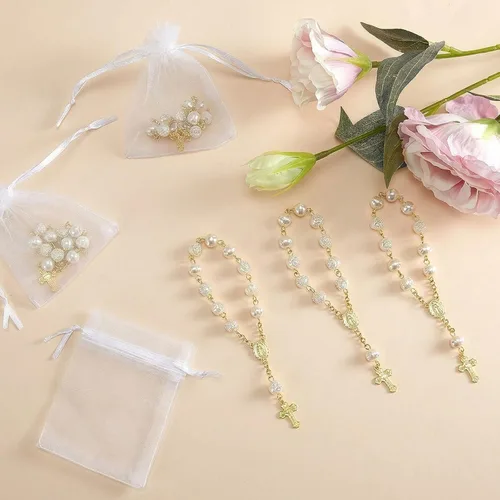Vista 5 de Jadive Rosarios pequeños para bautizo, cuentas de rosario, rosarios para bautizo de dedo, a granel, con bolsas de organza, centros de mesa