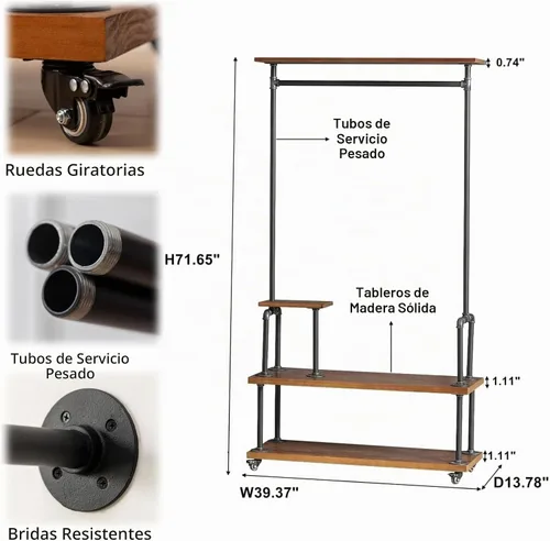 Vista 4 de Perchero industrial para ropa, estilo tubo, perchero de ropa Steampunk resistente, árbol de pasillo con ruedas con estante y almacenamiento