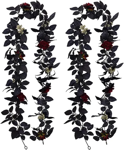 Vista 9 de Guirnalda artificial de seda negra de 5.9 pies para Halloween, flores artificiales de seda con hojas, flores decorativas artificiales para colgar