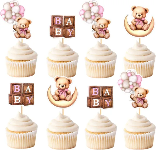 Vista 13 de 24 piezas de decoración para cupcakes con temática de "We Can Bearly Wait" Oso de globos brillantes, decoración temática de revelación de género