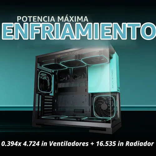Vista 3 de Geometric Future M5 de vidrio templado semitorre, chasis de juego E-ATX/ATX, acero de 1.2mm, Tipo C, paneles sin herramientas, soporte para radiador