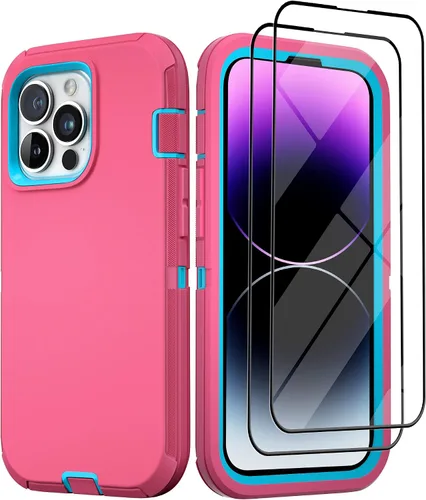 Vista 24 de Funda para iPhone 13 con 2 protectores de pantalla, resistente de grado militar, funda de cuerpo completo para hombres y mujeres (aguamarina + rosa)