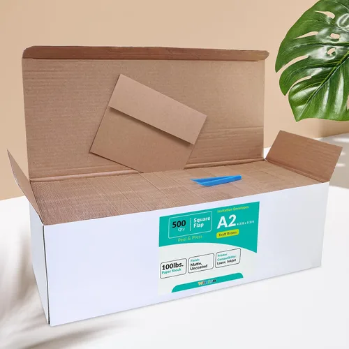 Vista 2 de 500 piezas de sobres de invitación A2 en marrón kraft, autoadhesivos, con solapa cuadrada, 4 3/8 x 5 3/4, sobres de RSVP, sobres de devolución, 100