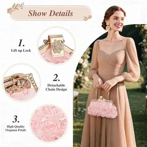 Vista 5 de UBORSE Bolso de mano floral para mujer, bolsos de flores para mujer, bolso de mano con correa de cadena, bolso de hombro para fiesta, novia, boda