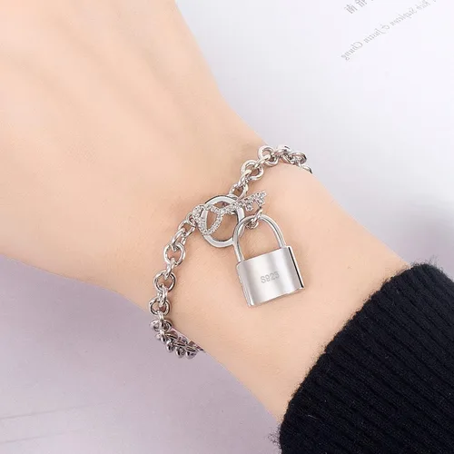 Vista 2 de Charm - Pulsera de plata de ley 925 con colgante de cerradura de llave para mujer, de plata maciza, joyería fina, regalo para esposa y novia