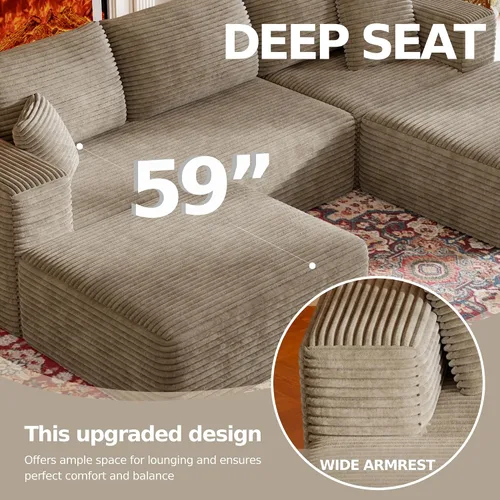 Vista 6 de Sofá modular en forma de nube de 107 pulgadas para sala de estar, sofá modular de pana sin hueso, sofá en forma de U con diván y almohadas, sofá