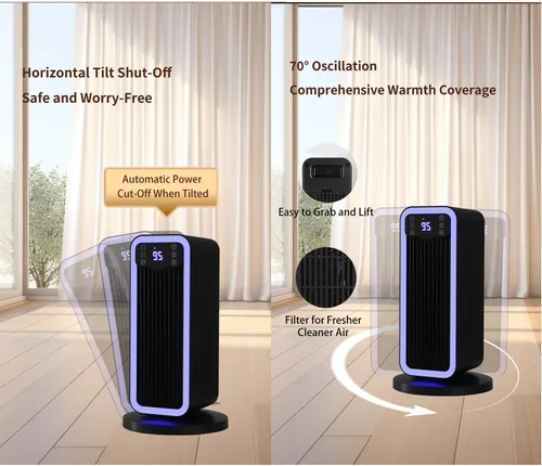 Vista 7 de Calentador de espacio, calentador PTC de 1500 W con sistema de termostato ECO, temporizador oscilante de 70°, temporizador de 12 horas, calentadores