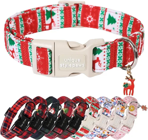 Vista 23 de Collar de perro de Navidad de Unique Style Paws con hebilla de plástico y colgante, a cuadros rojo y negro, collares de algodón para cachorros