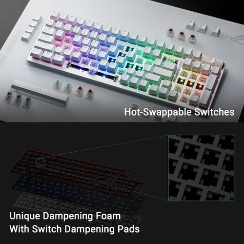 Vista 4 de ASUS ROG Strix Scope II 96 Teclado mecánico inalámbrico para juegos, 96% de tamaño completo, conectividad trimodo, interruptores ROG NX Storm