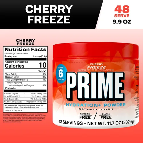 Vista 8 de PRIME Hydration + Polvo de electrolitos, cereza congelada, mezcla de bebida de hidratación sin azúcar con potasio, magnesio y vitaminas B