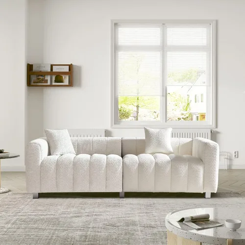 Vista 11 de Sofá moderno de 3 plazas de 87.4 pulgadas, sofá de burbujas para sala de estar, sofá de terciopelo con asiento profundo Teddy Bouclé, sofá de dos