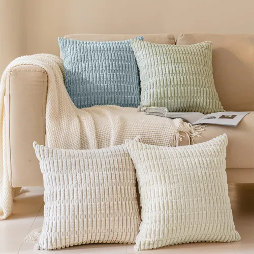 Vista 16 de Juego de 4 fundas de almohada decorativas de pana de 16 x 16 pulgadas, beige y verde Fundas de almohada suaves a rayas estilo bohemio moderno